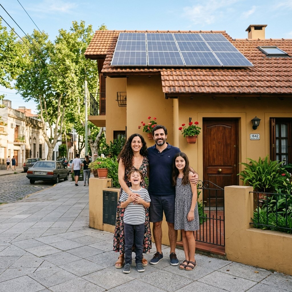 Familia argentina con paneles solares en Buenos Aires