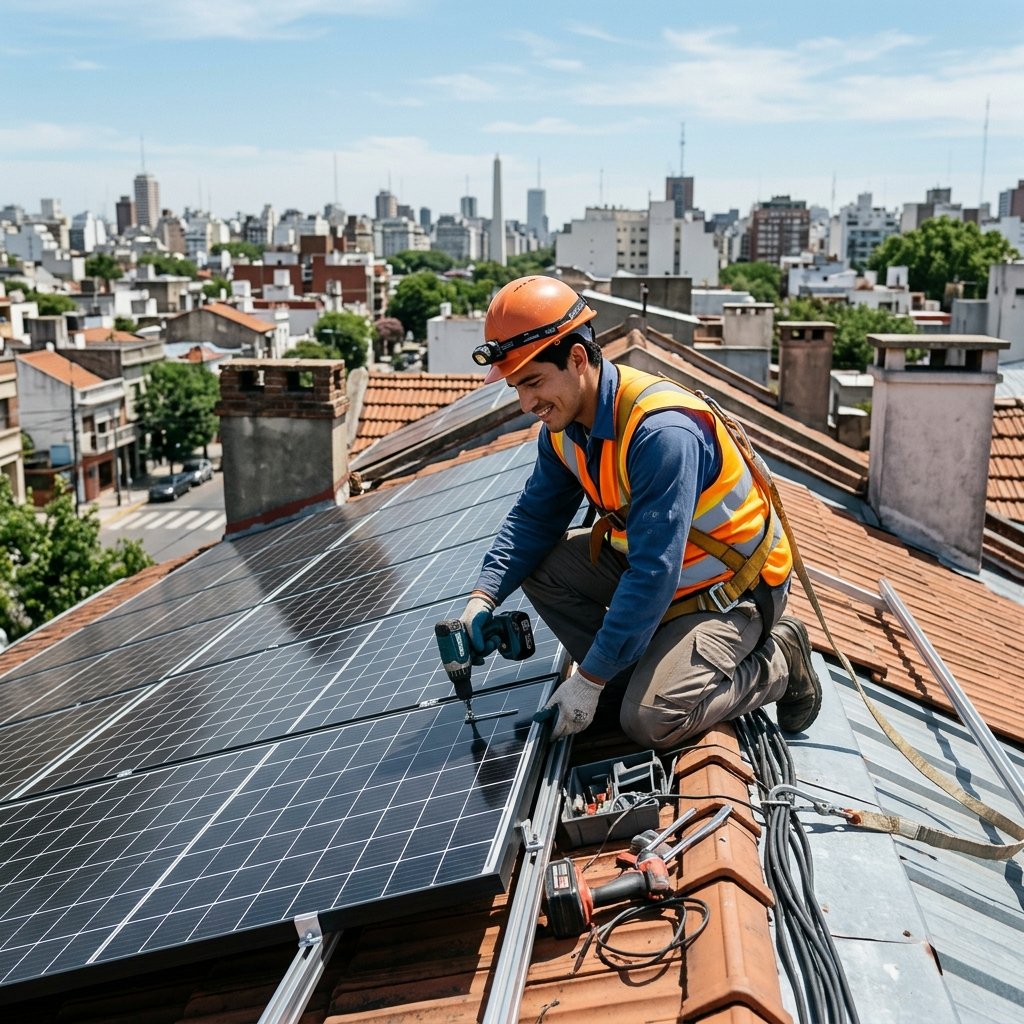 Técnico solar instalando paneles en Buenos Aires